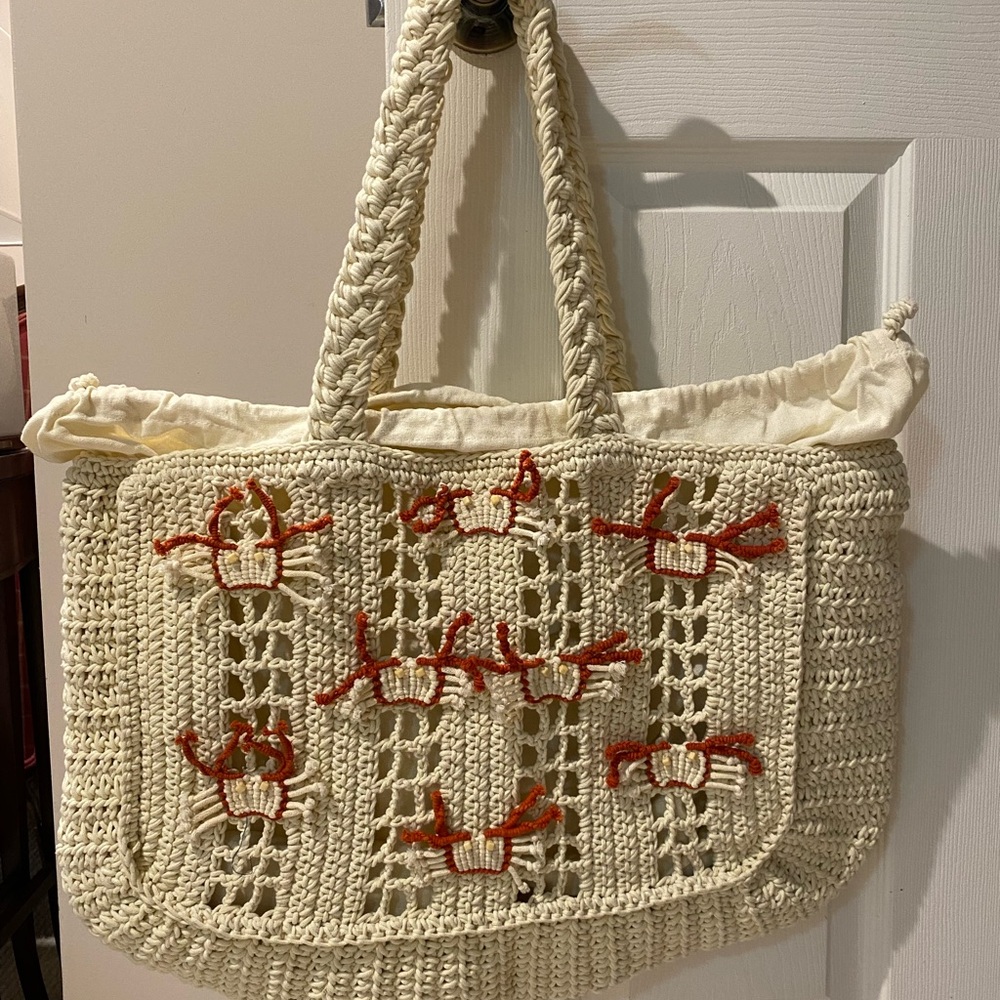 Handcrafted Summer Cream and Red Crochet Tote Bag